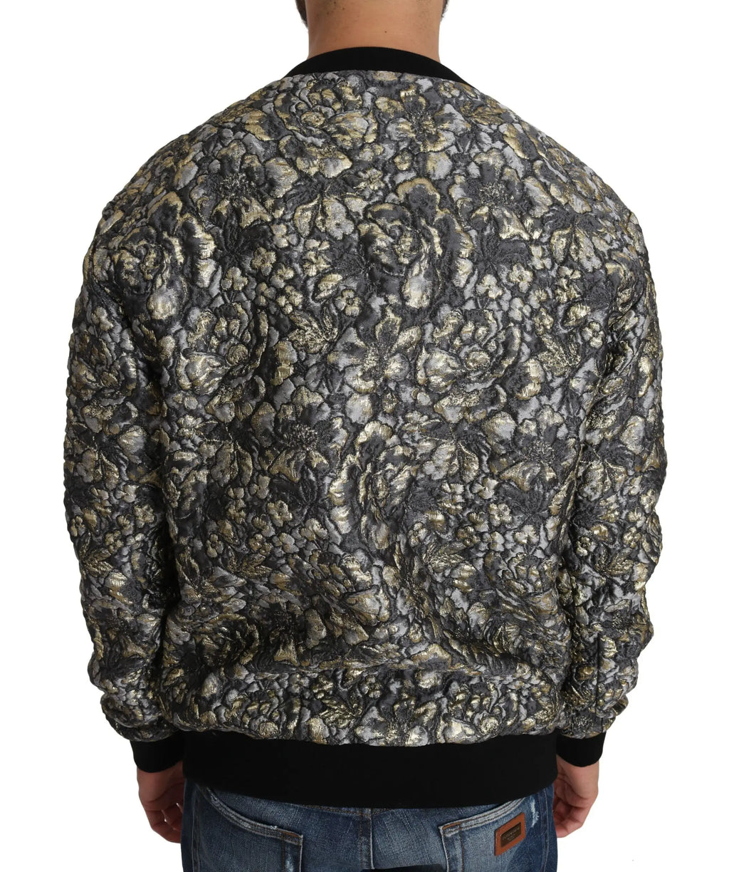 Veste bomber texturée dolce & gabbana à motif floral complexe en noir gris et or métallique