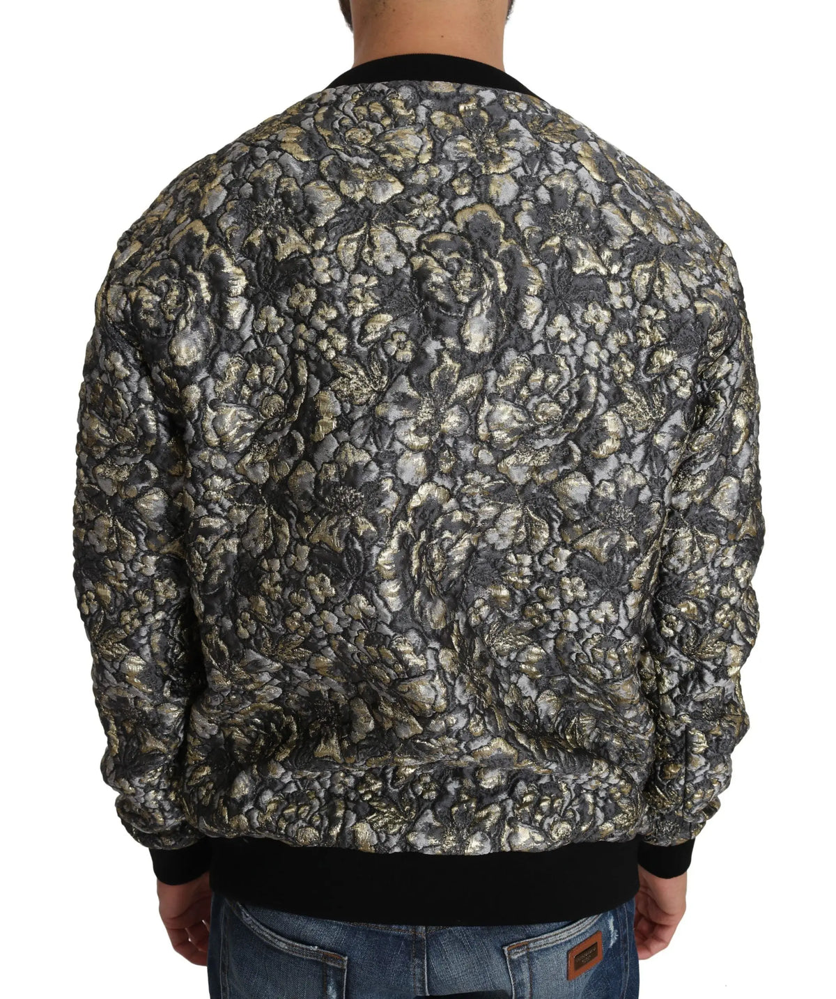 Veste bomber texturée dolce & gabbana à motif floral complexe en noir gris et or métallique