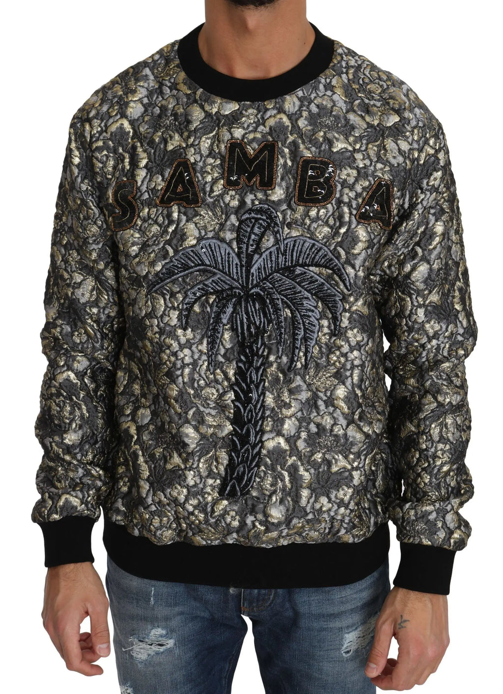 Sweatshirt dolce & gabbana multicolore jacquard en gris foncé avec palmier brodé et mot samba sur le devant