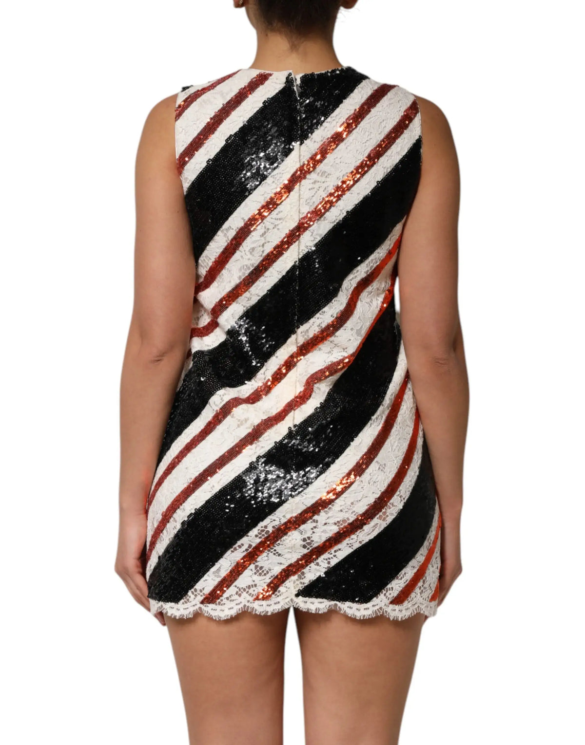 Robe courte sans manches dolce & gabbana avec rayures diagonales noires blanches et paillettes cuivrées dentelle festonnée