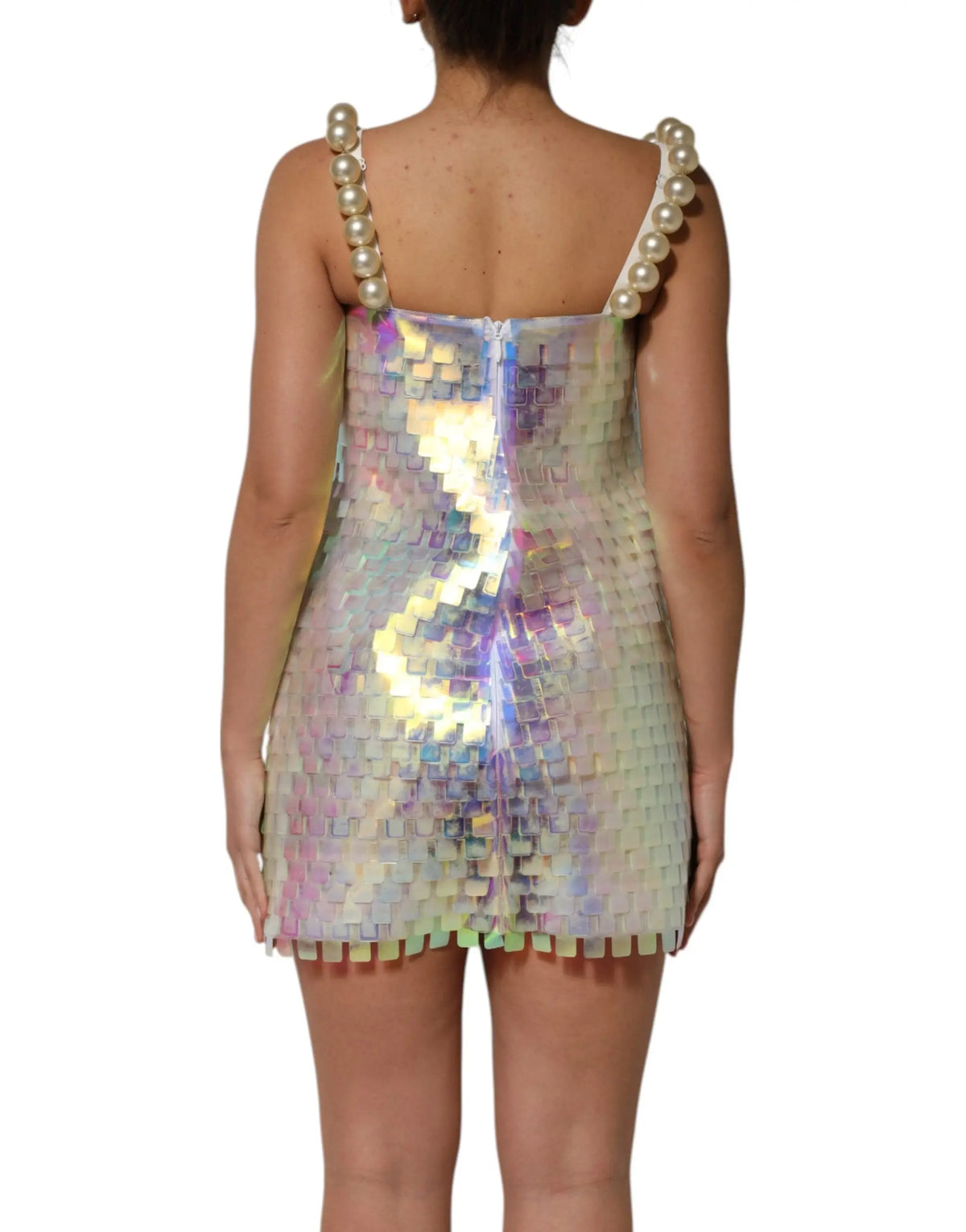 Robe courte holographique multicolore dolce gabbana avec sequins scintillants et bretelles ornées de perles