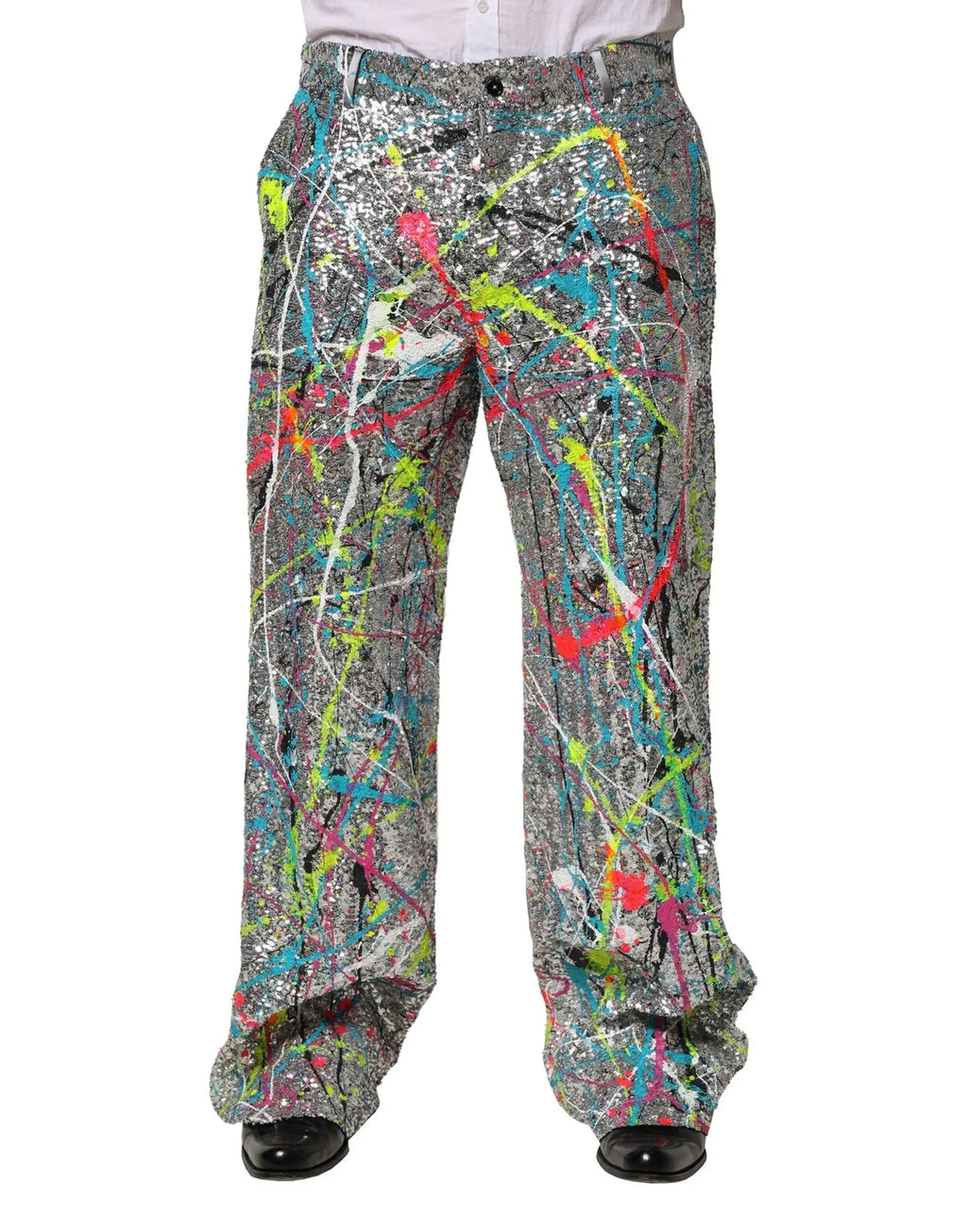 Pantalon dolce et gabbana argenté avec éclaboussures de peinture multicolore en séquins et embellissements