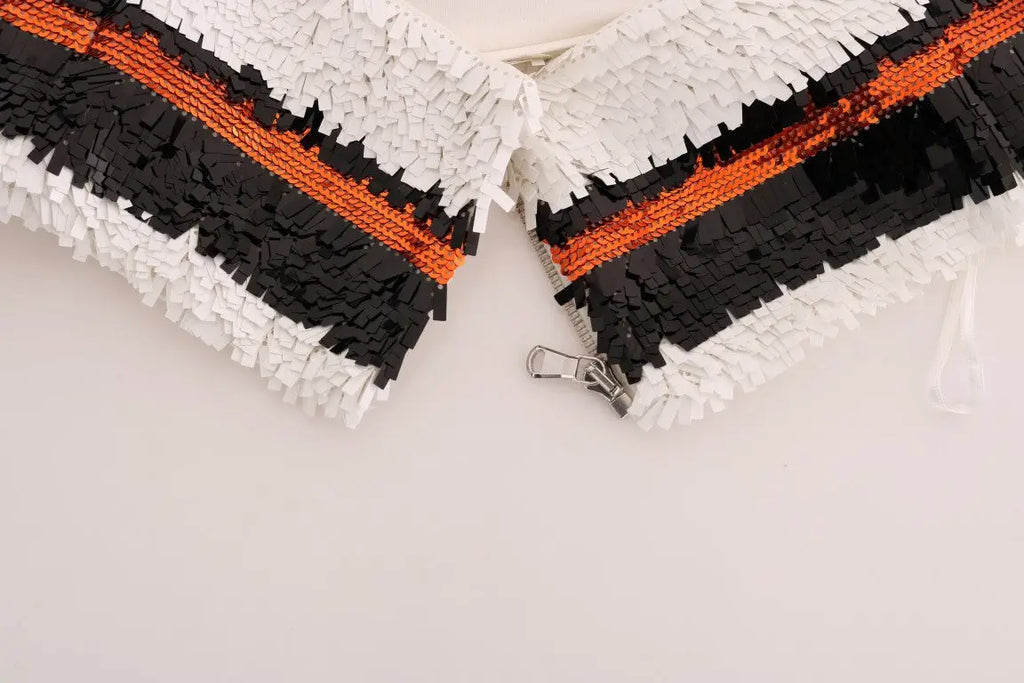 Collier multicolore en sequins noir blanc et orange avec fermeture eclair argentée du top bustier stretch dolce gabbana