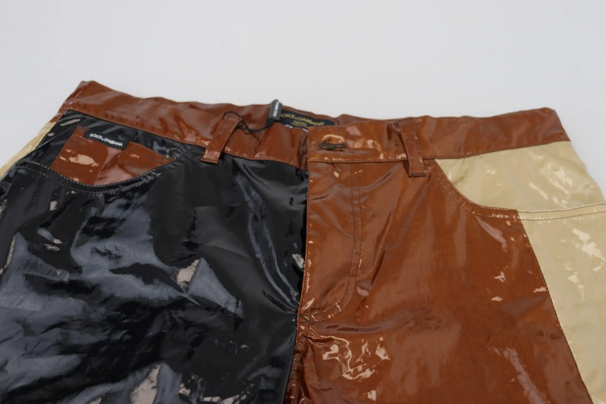 Dolce gabbana slim fit hommes jean denim multicolore avec pantalon en cuir verni bicolore noir et marron