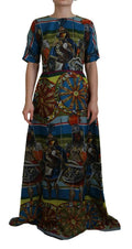 Robe longue évasée sicily multicolore en soie de dolce & gabbana avec imprimé médiéval riche en bleus rouges or et verts