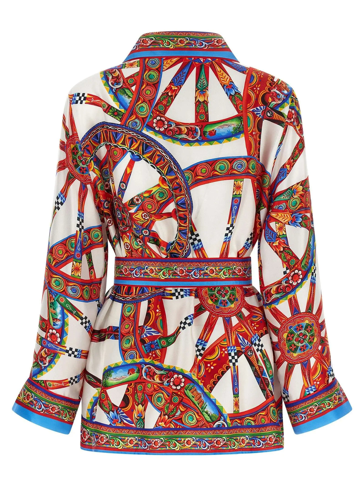 Dolce gabbana blouse en soie multicolore à manches longues avec motifs floraux et roues ornées rouges bleues vertes et or