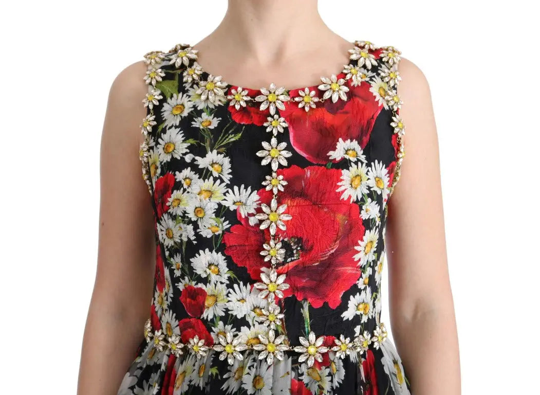 Robe longue en soie multicolore dolce & gabbana sans manches noire avec coquelicots rouges et marguerites blanches