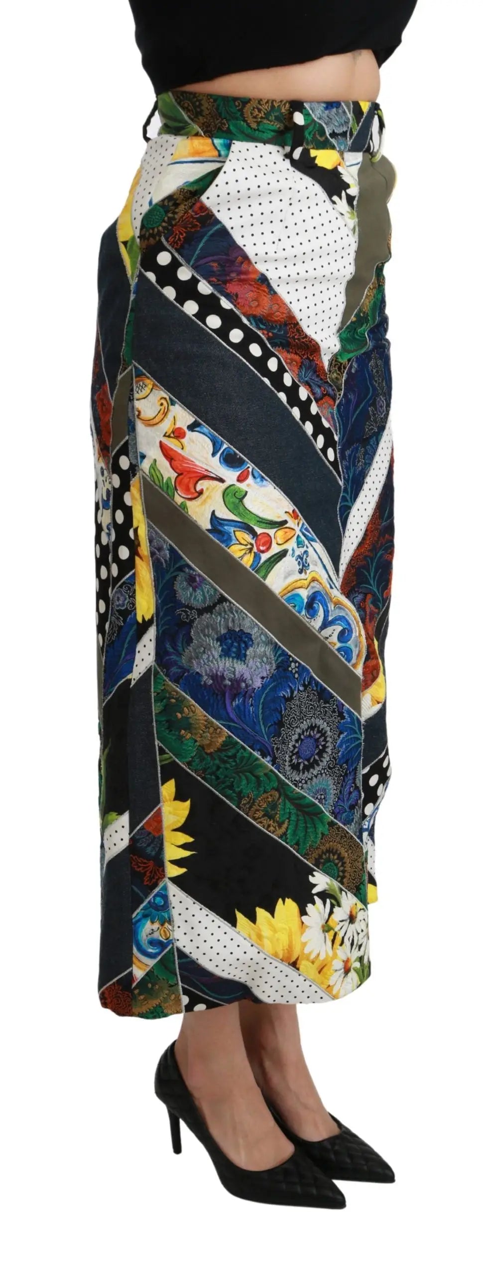 Dolce & gabbana jupe midi multicolore en soie avec rayures diagonales patchwork floral et pois en noir blanc bleu vert jaune et rouge