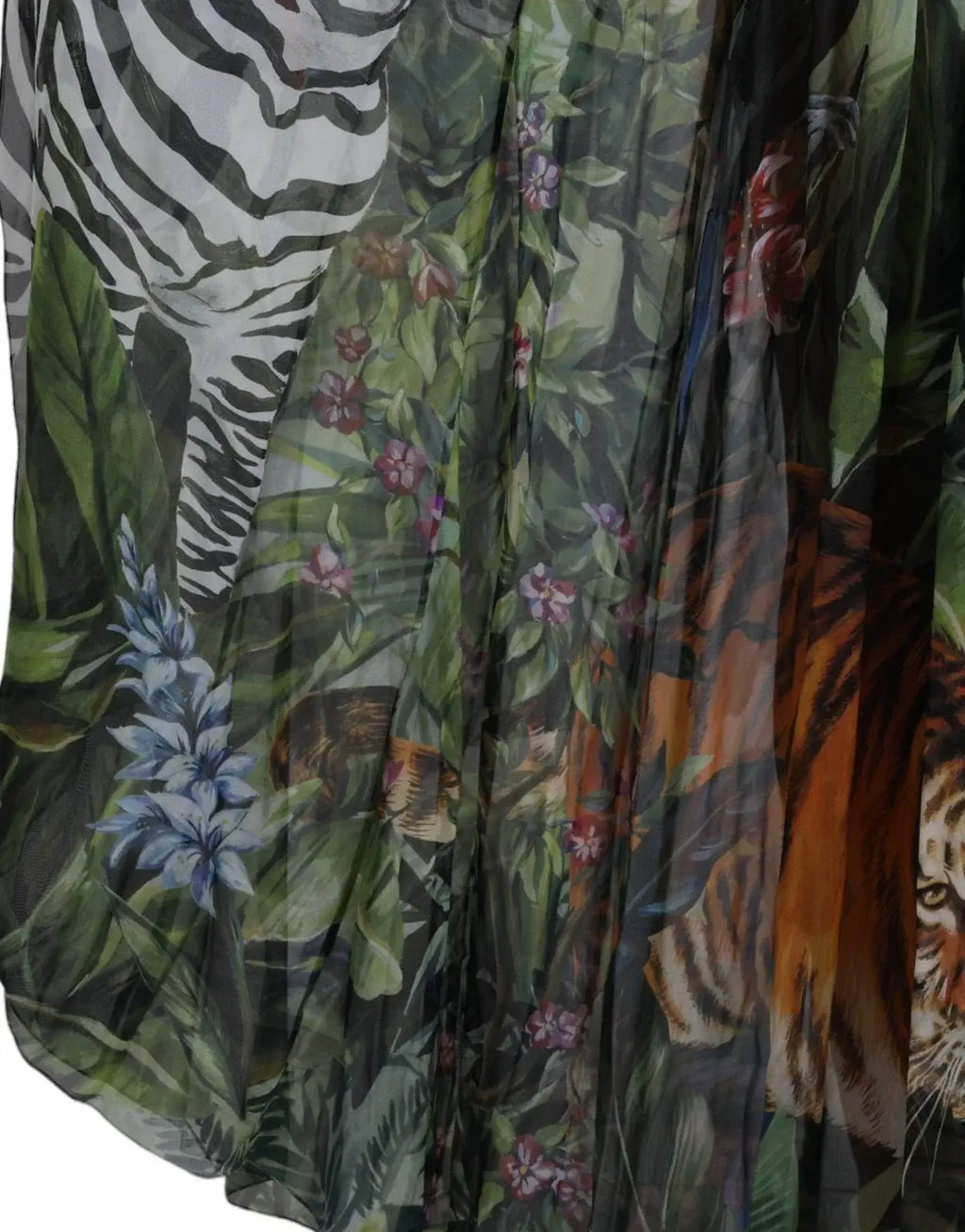 Jupe maxi fluide en soie dolce gabbana multicolore avec imprimé jungle vibrant zèbre et tigre parmi feuillage et fleurs