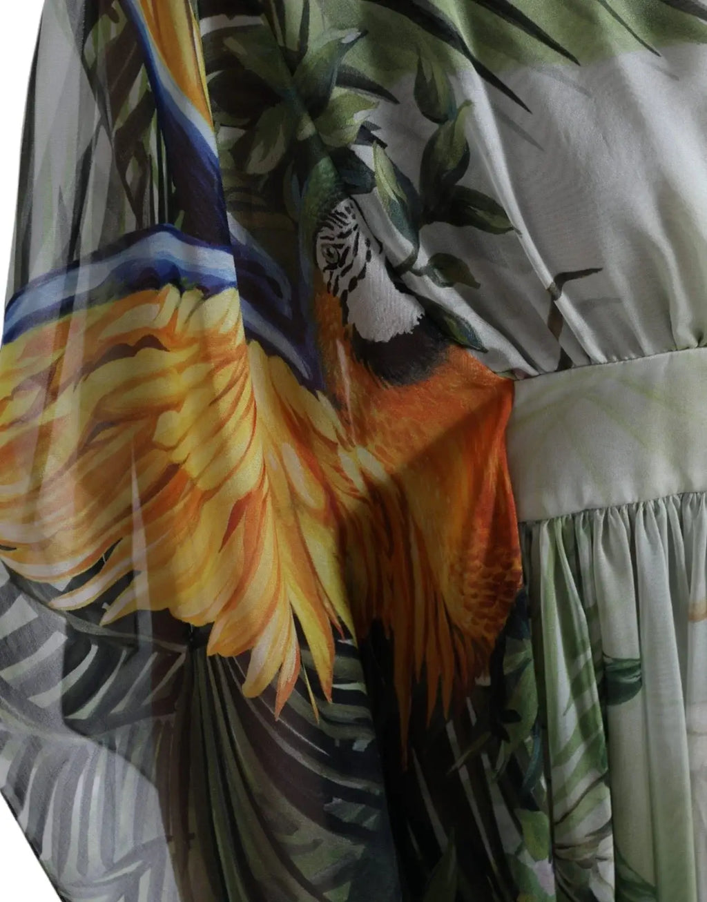 Robe longue dolce gabbana en soie multicolore avec imprimé tropical de perroquet orange et jaune sur tissu semi-transparent