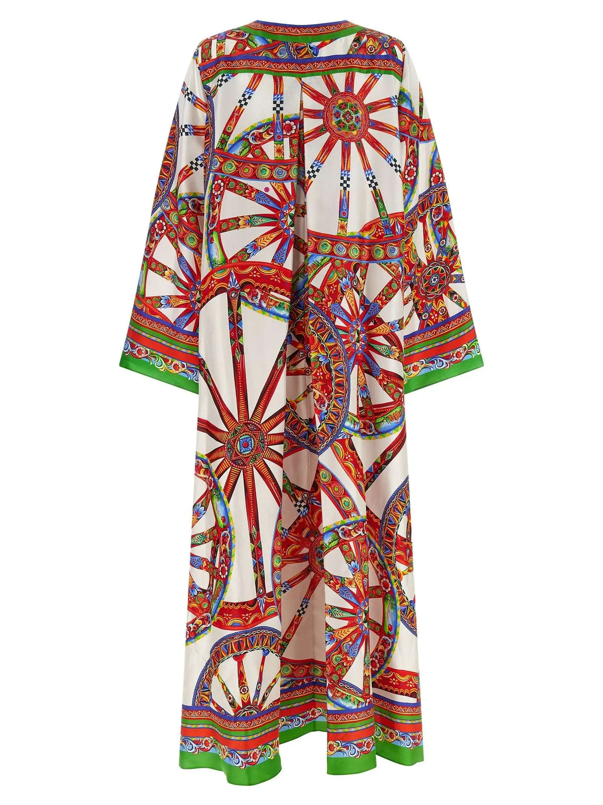 Robe longue en soie multicolore Dolce & Gabbana avec motif de roues de chariot rouge et or sur fond crème