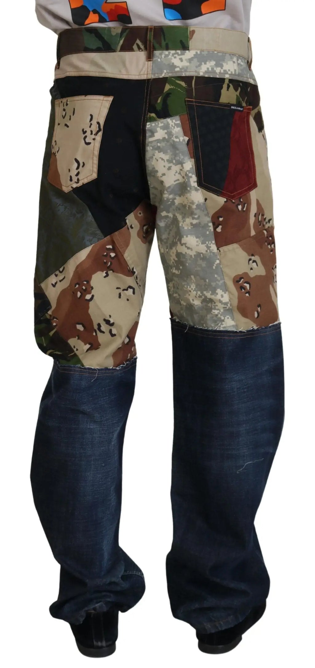 Dolce & gabbana multicolor silk patchwork jeans homme en denim avec motifs camouflage et patchs en tons naturels