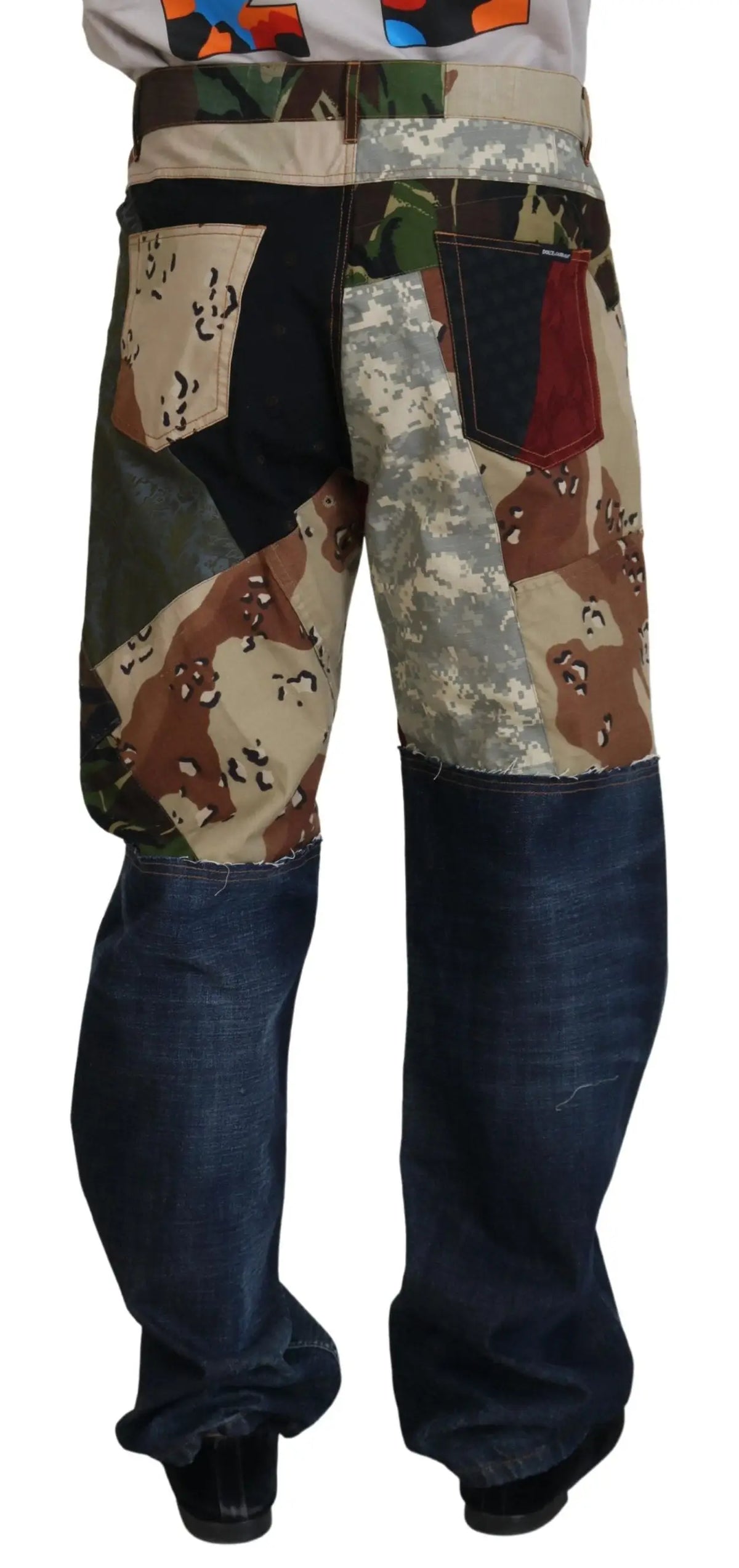 Dolce & gabbana multicolor silk patchwork jeans homme en denim avec motifs camouflage et patchs en tons naturels
