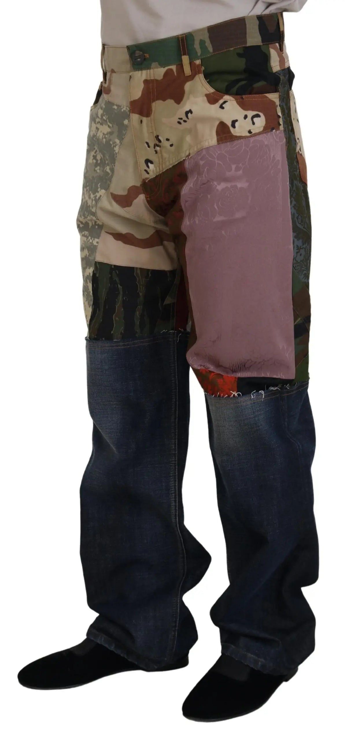 Pantalon en jean patchwork multicolore dolce & gabbana en denim avec tissu camouflage rose pâle et bleu foncé