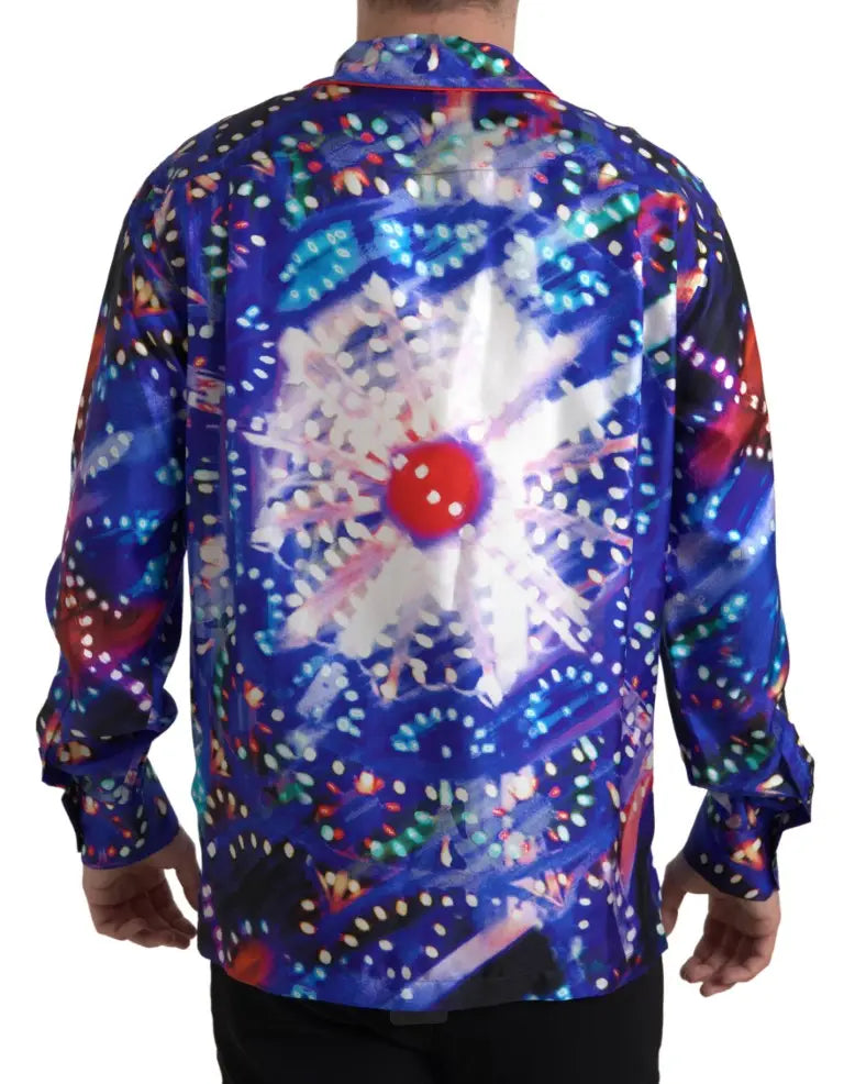 Chemise de pyjama homme dolce & gabbana en soie multicolore à manches longues avec imprimé floral psychédélique bleu vif