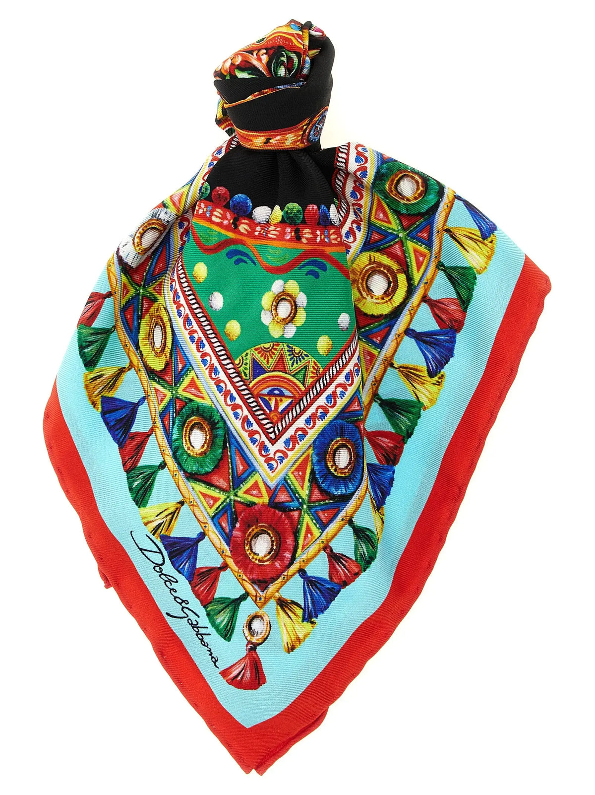 Écharpe en soie dolce & gabbana multicolore avec motifs géométriques et pompons verts rouges bleus jaunes turquoise