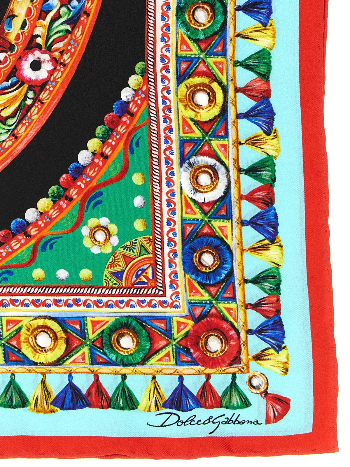 Écharpe en soie multicolore dolce & gabbana avec motifs géométriques, pampilles colorées et broderies florales
