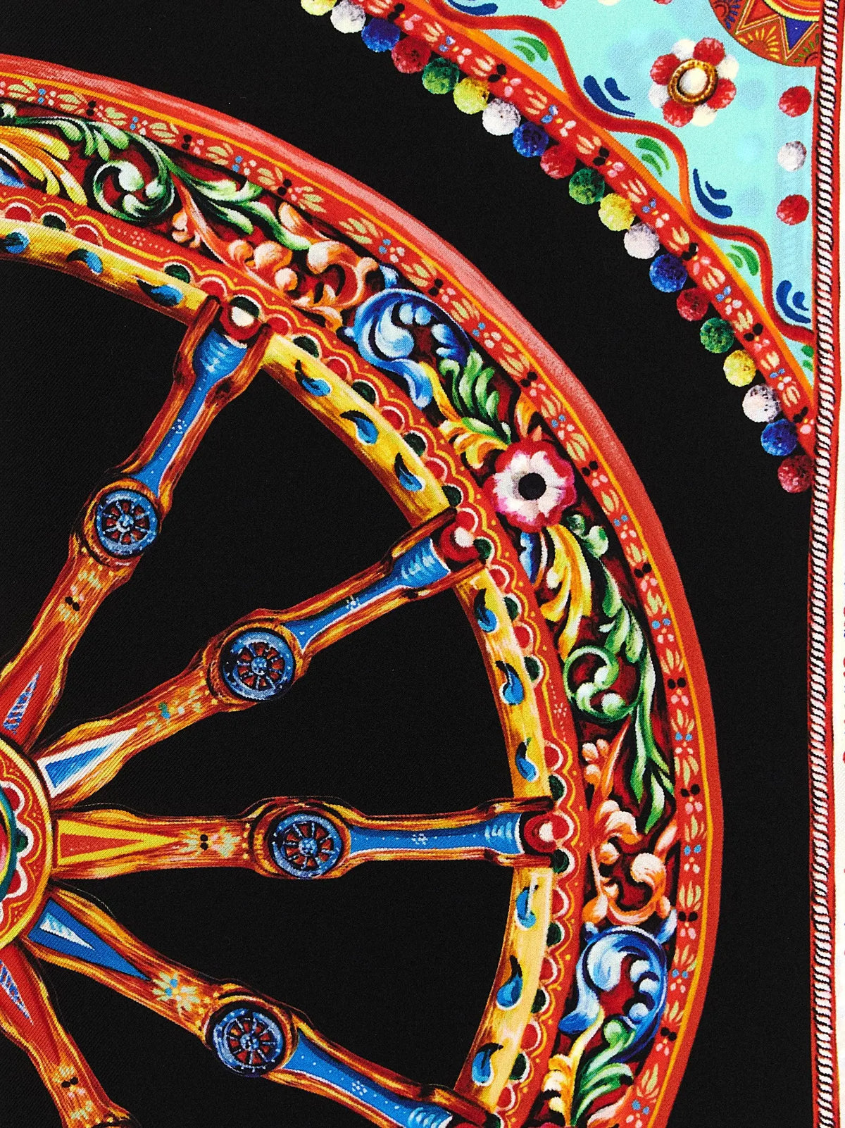 Vibrant dolce & gabbana multicolor silk scarf with hand-painted wooden wheel design in reds blues yellows and greens