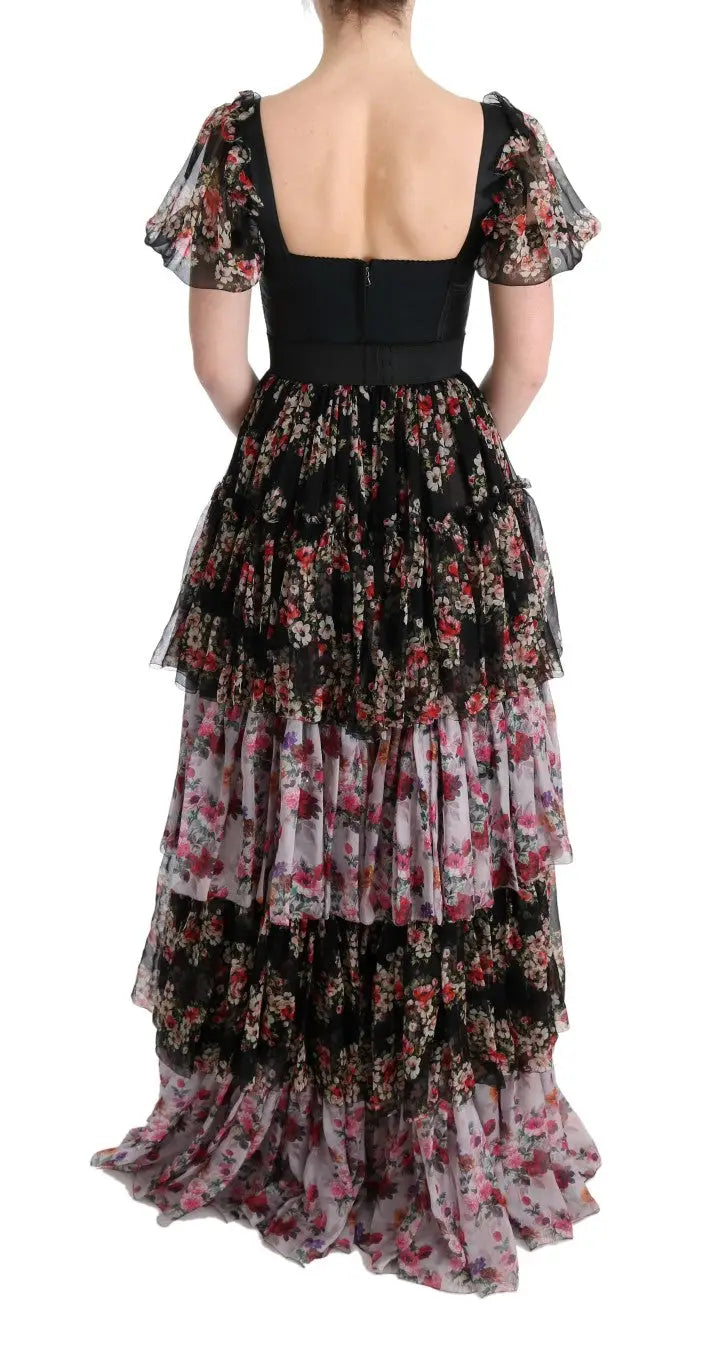 Dolce & Gabbana robe longue fluide en soie noire à imprimé floral avec manches ballon transparentes