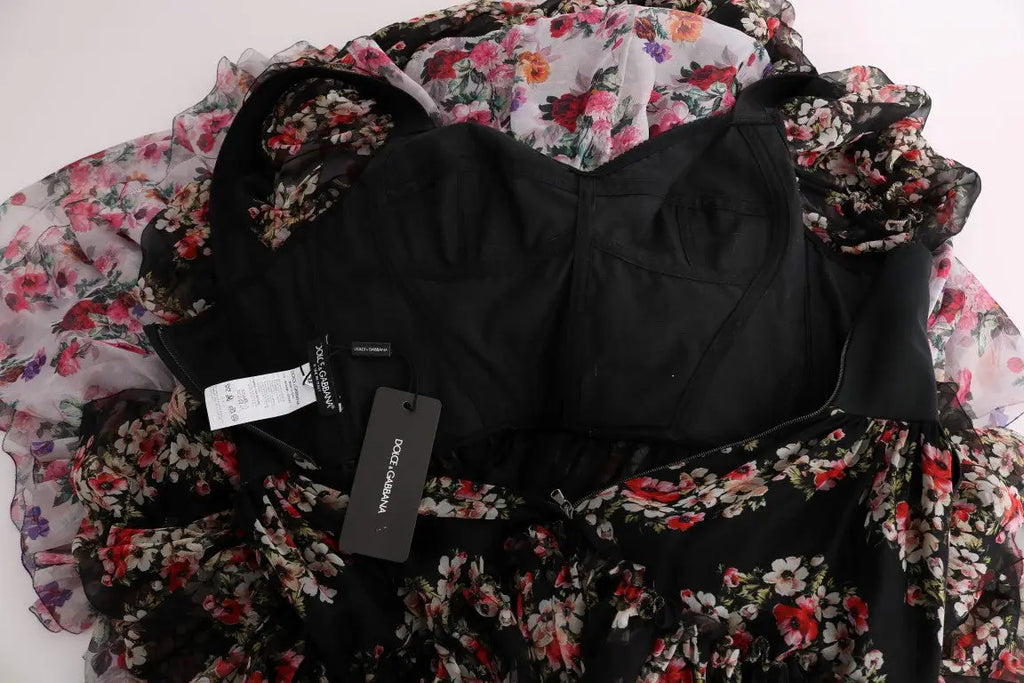 Robe longue droite multicolore en soie stretch dolce gabbana avec imprimé floral noir et manches volantées transparentes