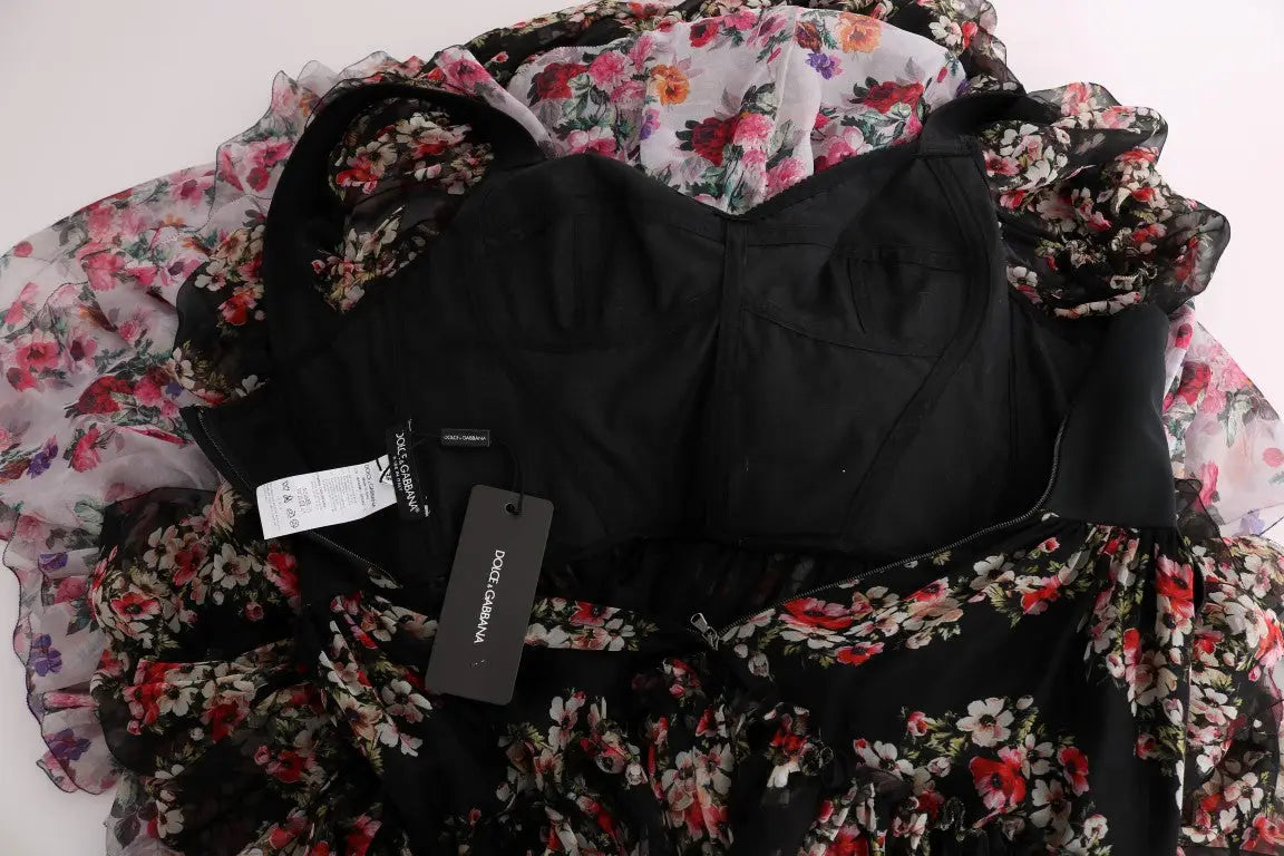 Robe longue droite multicolore en soie stretch dolce gabbana avec imprimé floral noir et manches volantées transparentes