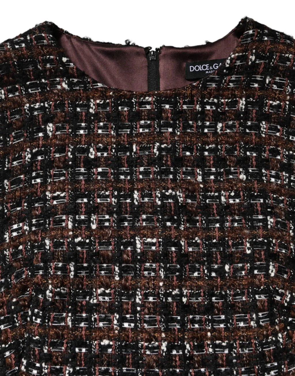 Dolce gabbana robe mini en tweed multicolore noir blanc et marron avec col en satin sans manches en coupe trapèze