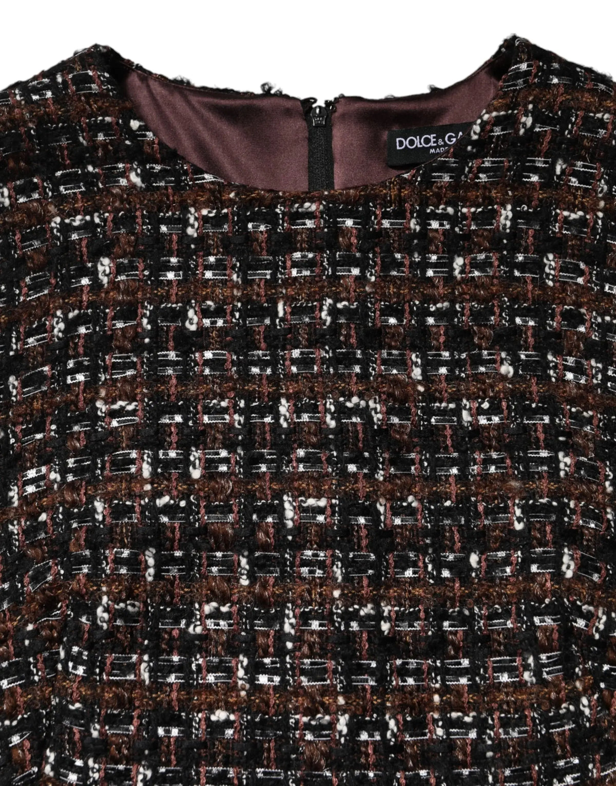 Dolce gabbana robe mini en tweed multicolore noir blanc et marron avec col en satin sans manches en coupe trapèze