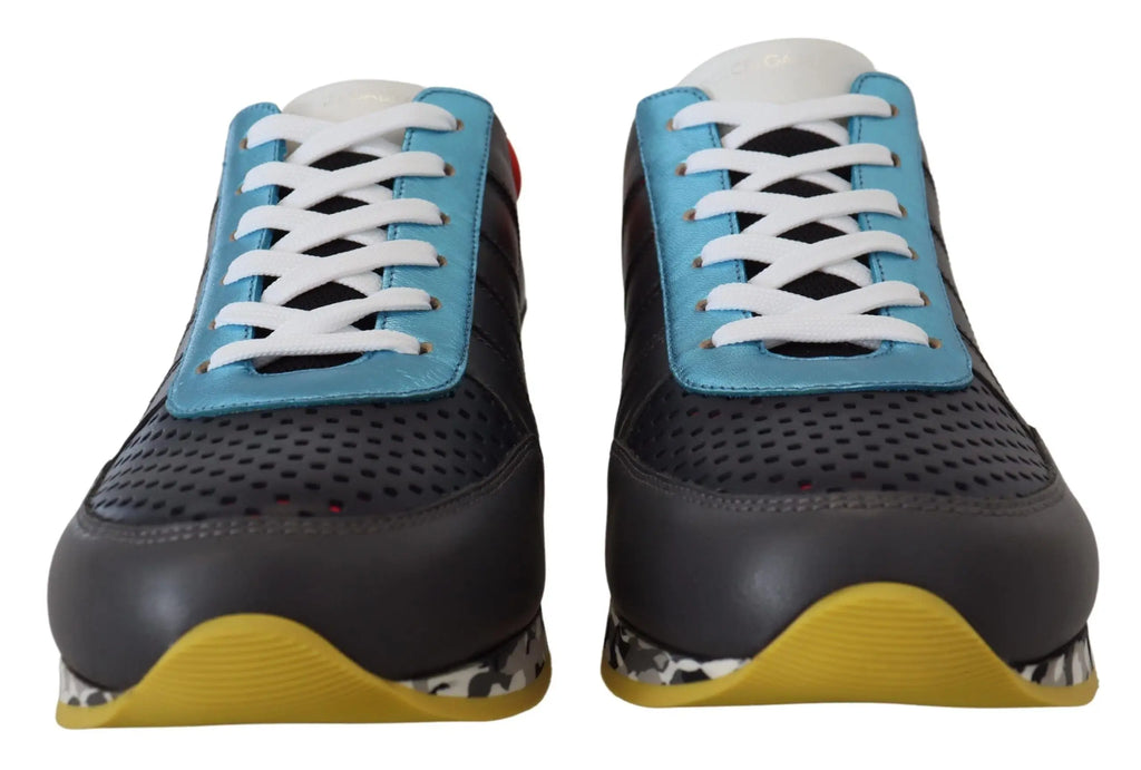 Baskets basses multicolores dolce & gabbana en cuir perforé bleu et noir avec lacets blancs et semelle jaune