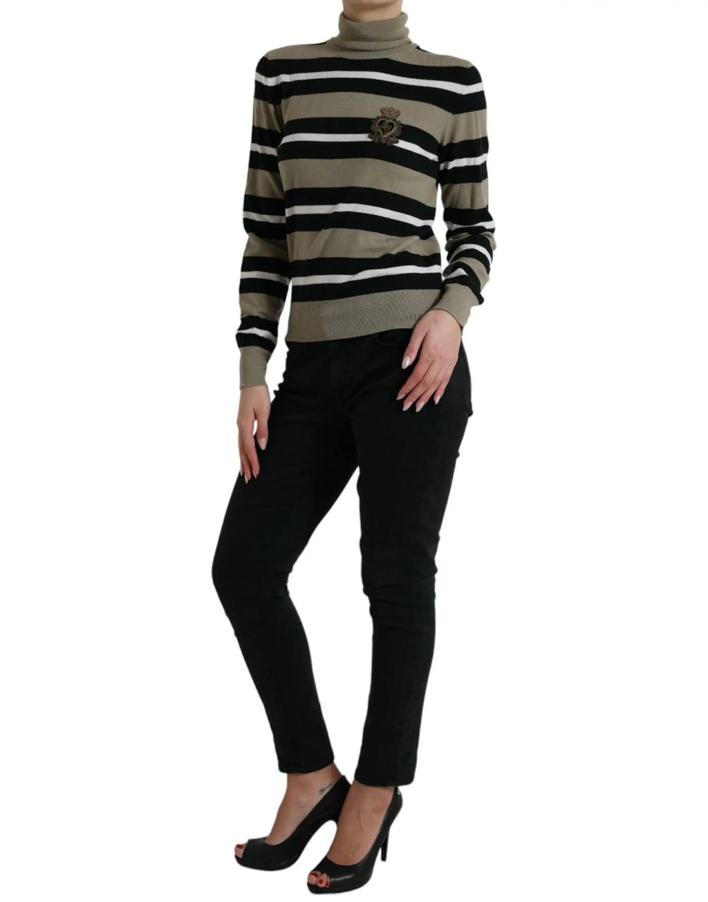 Pull à col roulé olive et noir à rayures horizontales en laine avec petit écusson brodé dolce & gabbana