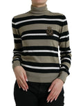 Pull over dolce et gabbana en laine à rayures horizontales olive et noir avec écusson doré brodé sur la poitrine