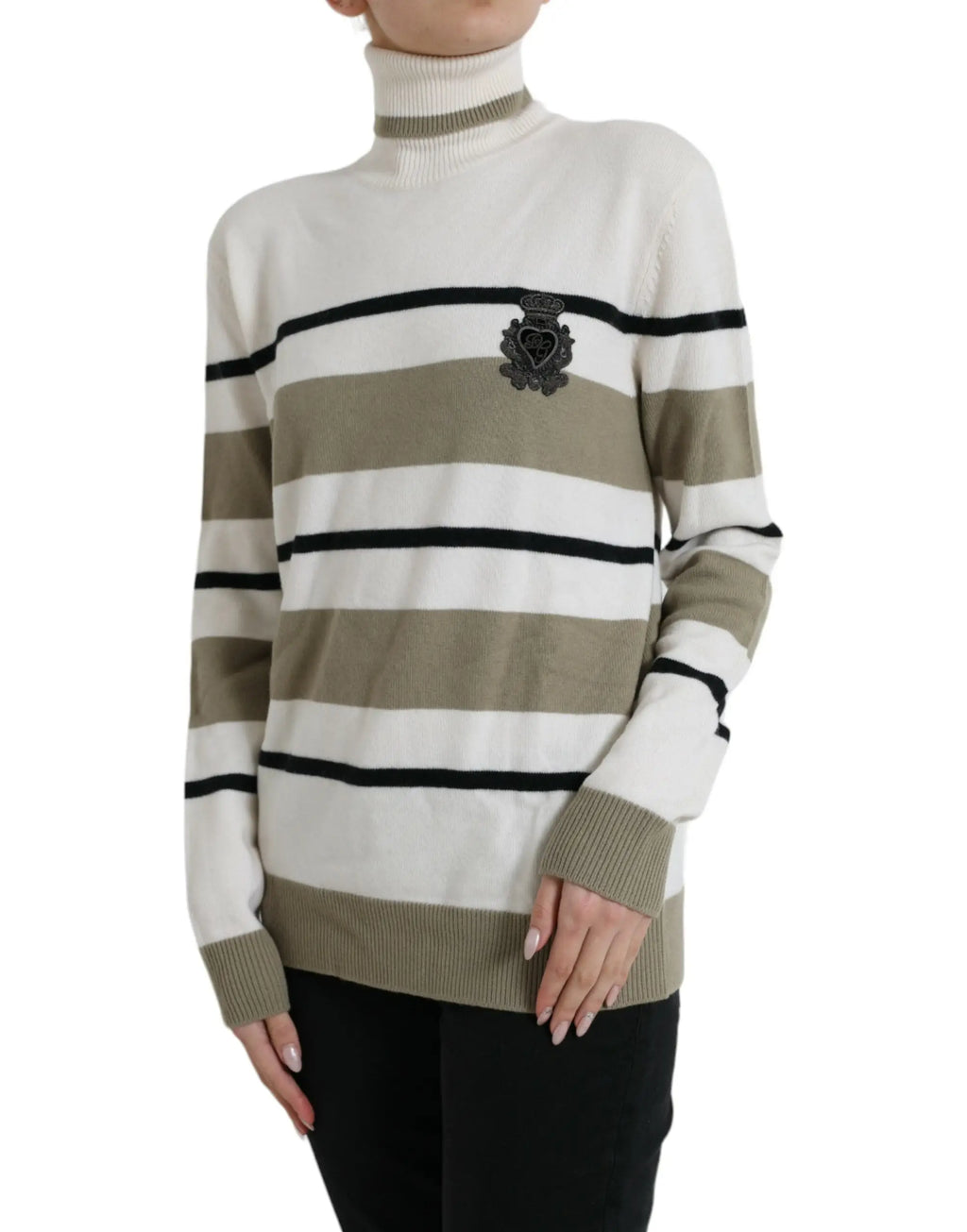 Pull en laine dolce & gabbana multicolore à rayures crème et vert olive avec rayures noires et écusson brodé noir