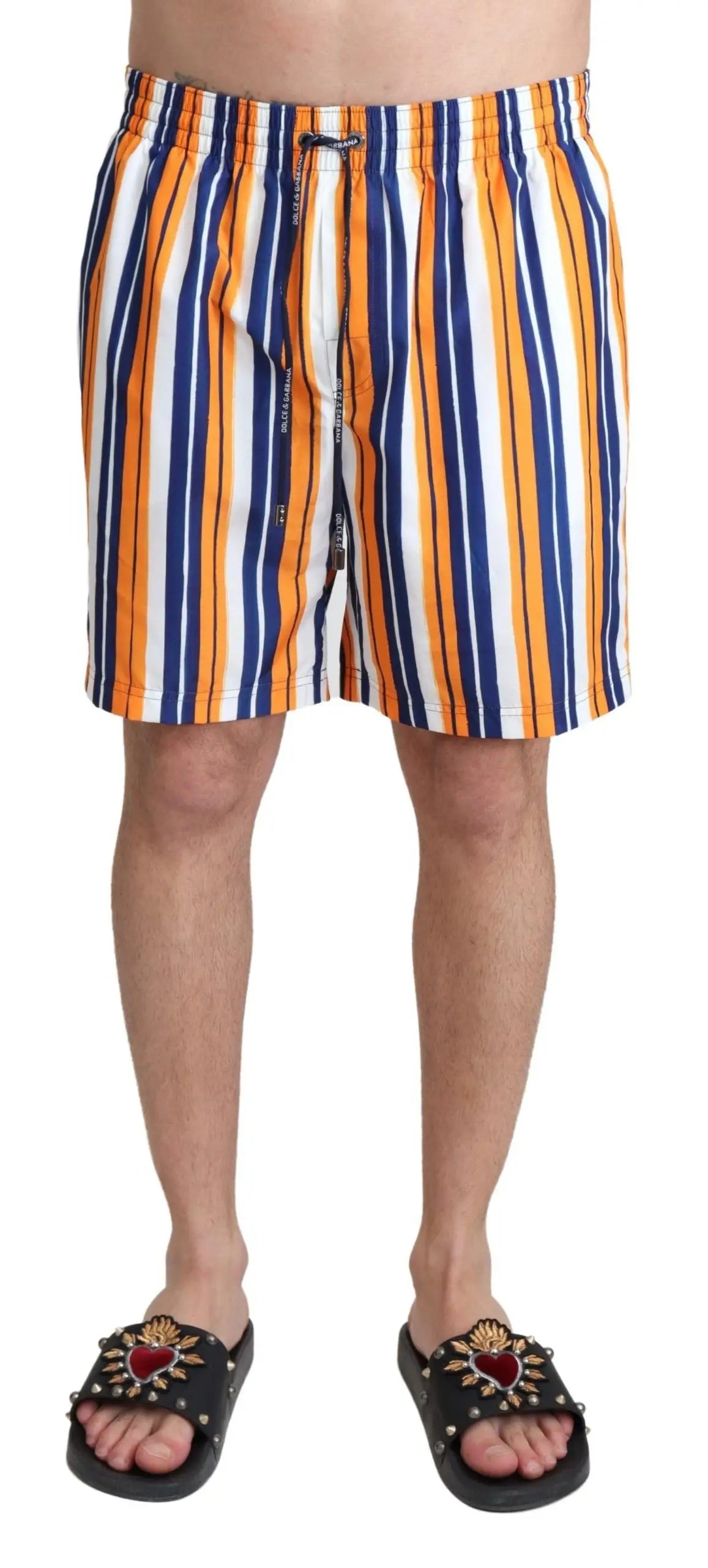 Dolce & Gabbana multicolor striped beachwear swimshorts with vibrant orange navy blue and white vertical stripes and drawstring waistband
