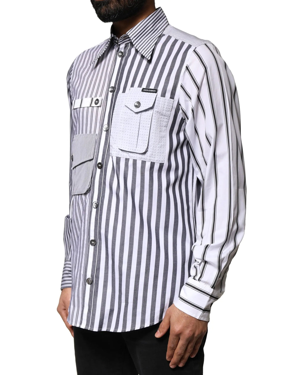 Chemise dolce & gabbana homme manches longues à rayures verticales noires et blanches avec poches grises contrastantes