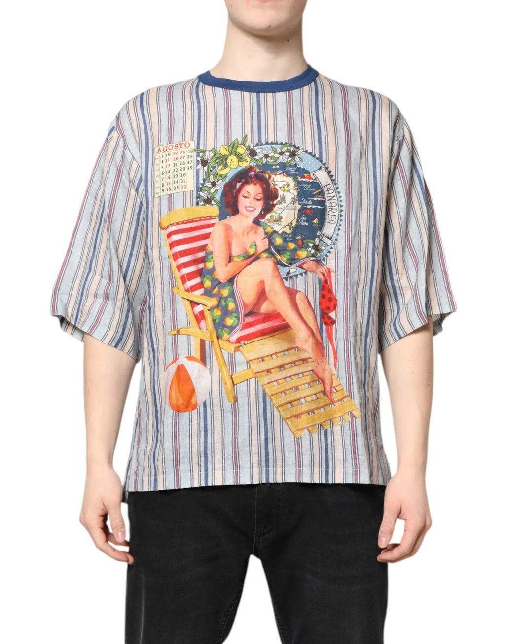 T-shirt dolce & gabbana en lin multicolore à rayures avec graphique vintage plage et femme pin-up en chaise rayée
