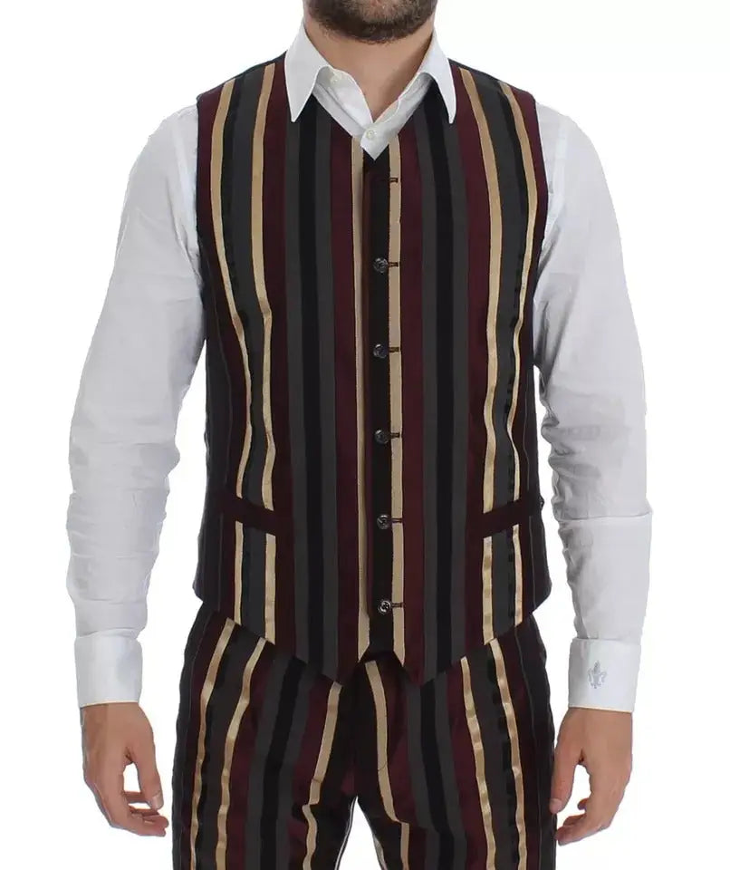Dolce gabbana gilet slim multicolore rayé bordeaux noir or coupe ajustée style podium