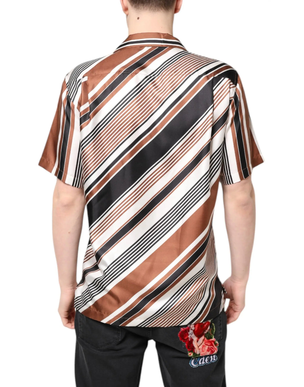 Chemise à manches courtes en soie dolce & gabbana à rayures diagonales marron noir et blanc