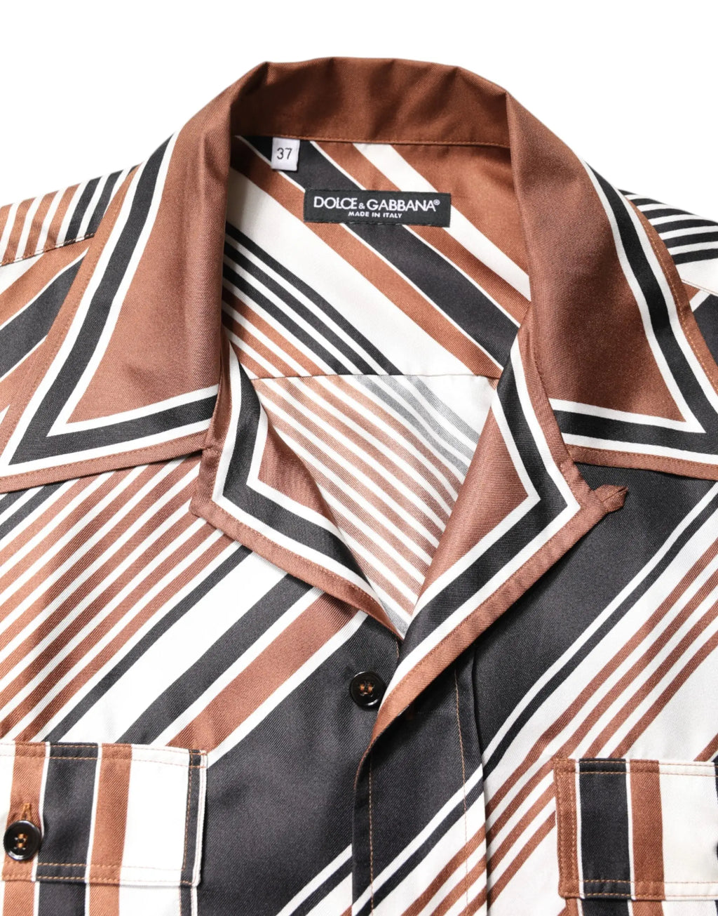 Dolce & gabbana chemise multicolore en soie à manches courtes avec motif géométrique de bandes marron noir et blanc