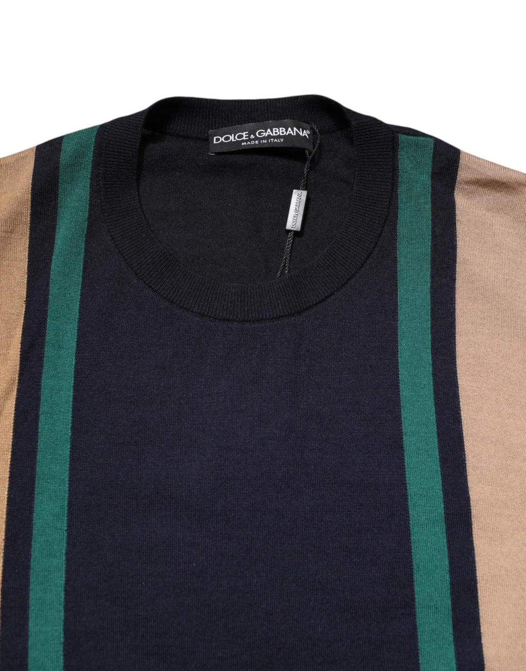 Pull en tricot dolce & gabbana à rayures multicolores bleu marine beige et vert avec col rond