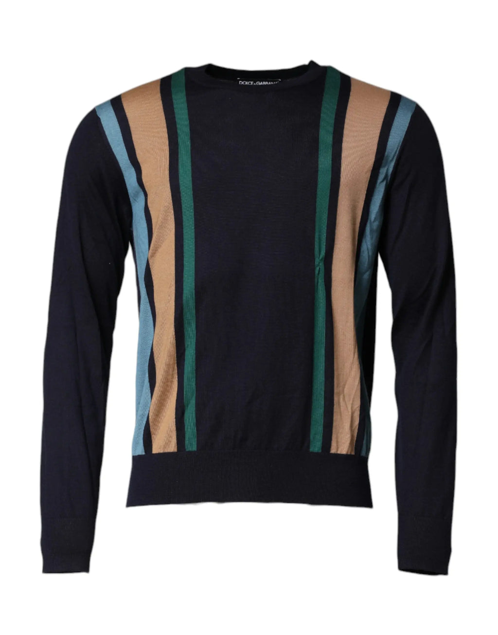 Pull à col rond dolce & gabbana en maille bleu marine foncé avec rayures verticales multicolores devant