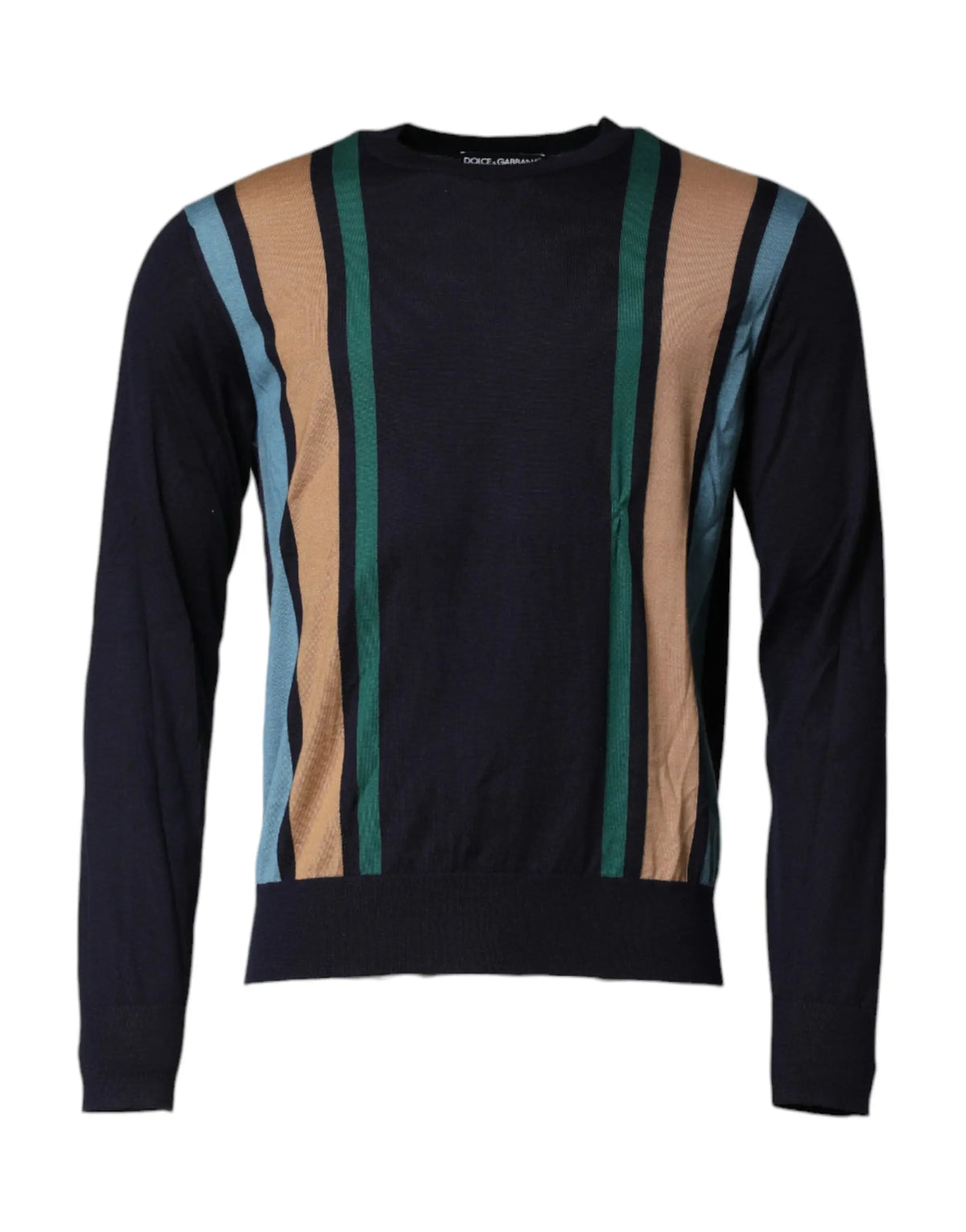 Pull-over dolce & gabbana en maille bleu marine avec rayures verticales couleur sable, vert sarcelle et bleu clair
