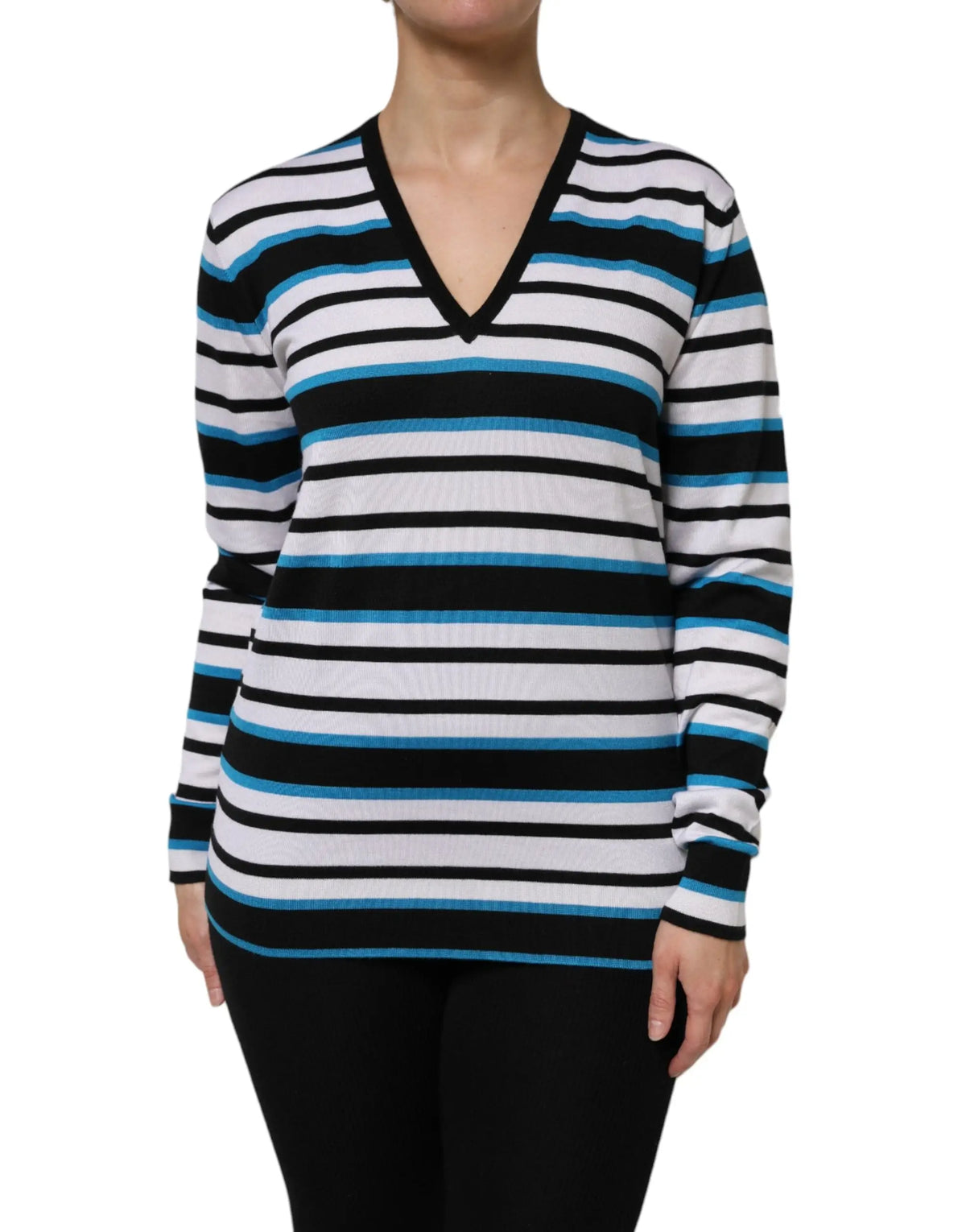 Pull col en v à manches longues dolce gabbana pour femme avec rayures horizontales noir blanc et bleu clair