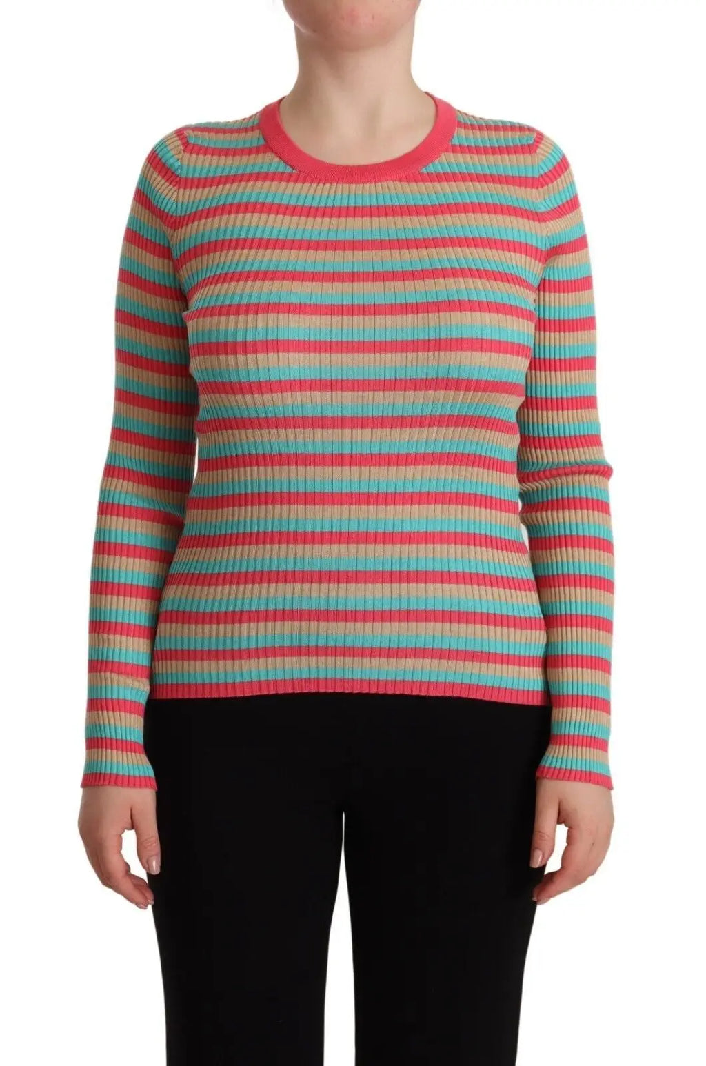 Pull multicolore à col rond en soie dolce & gabbana avec rayures horizontales corail mint et beige manches longues