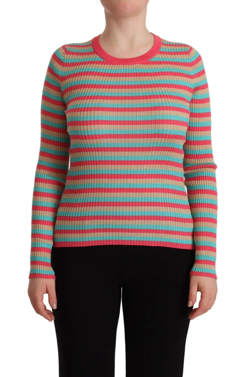 Pull multicolore à col rond en soie dolce & gabbana avec rayures horizontales corail mint et beige manches longues