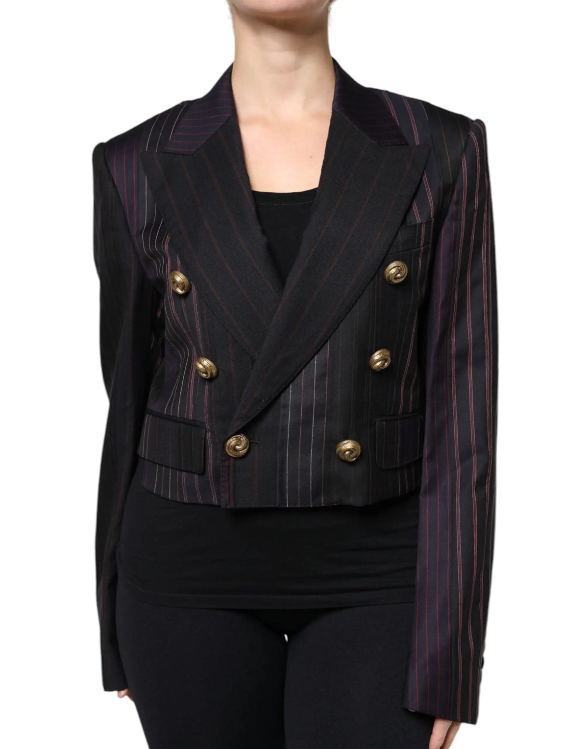 Veste blazer courte dolce & gabbana en laine noire à rayures multicolores avec boutons dorés double boutonnage