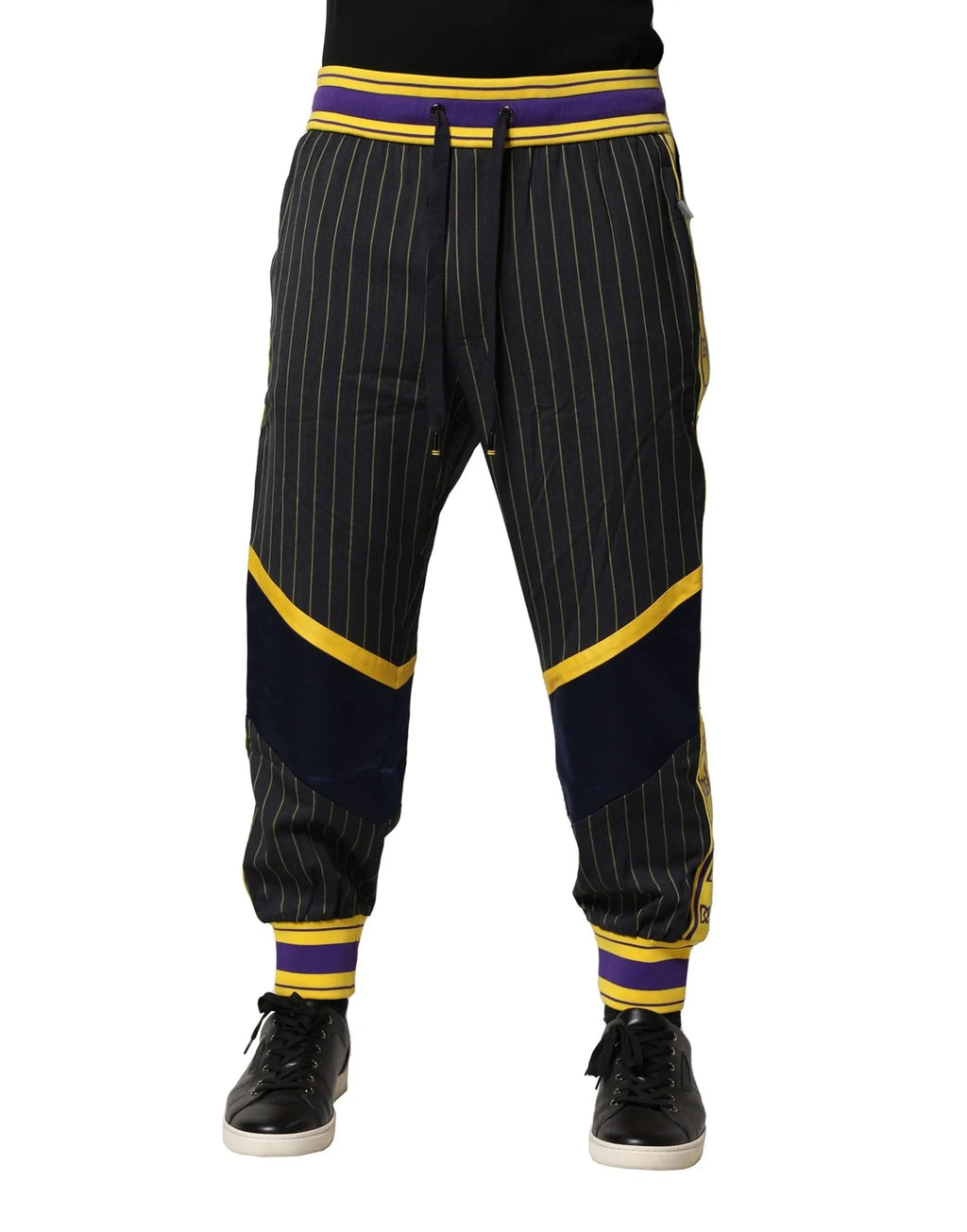 Joggers dolce & gabbana en laine noire à fines rayures avec accents jaunes et violets sur la taille et les côtés