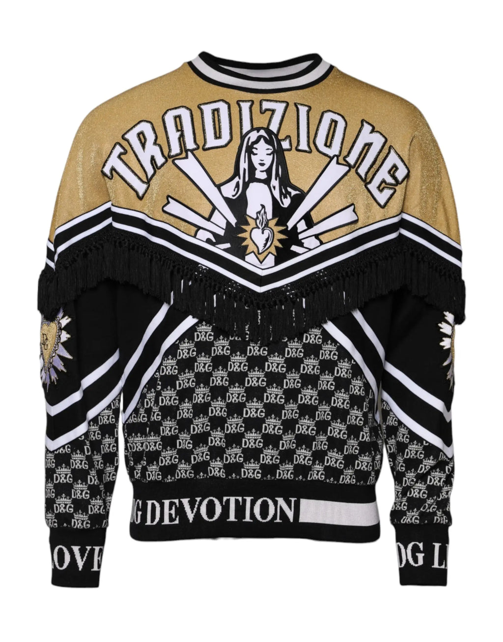 Pull dolce & gabbana noir et or avec franges, logo répétitif et graphique tradizione sur la poitrine
