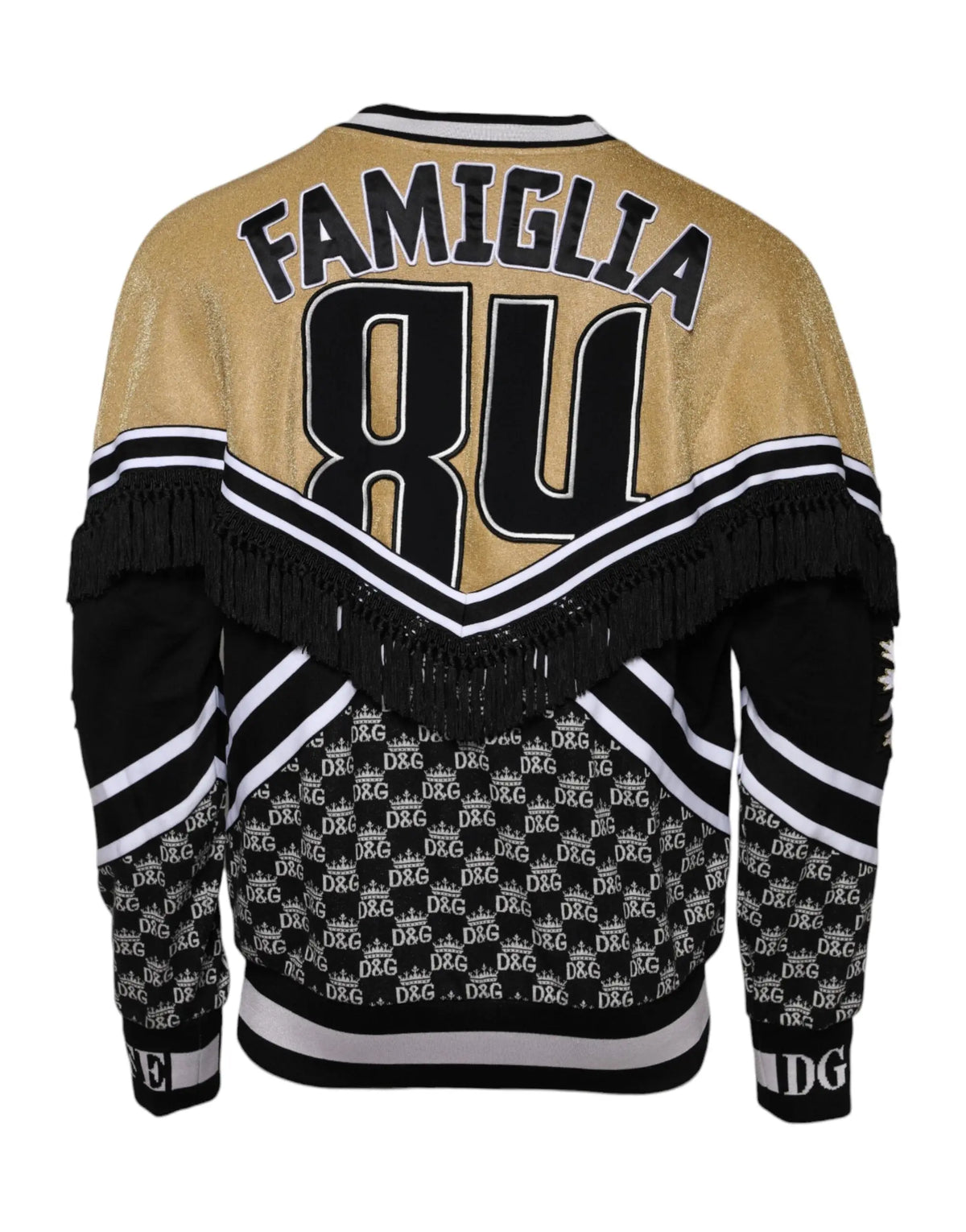 Veste bomber dolce & gabbana noire et or avec manches à franges et lettrage famiglia 8u au dos