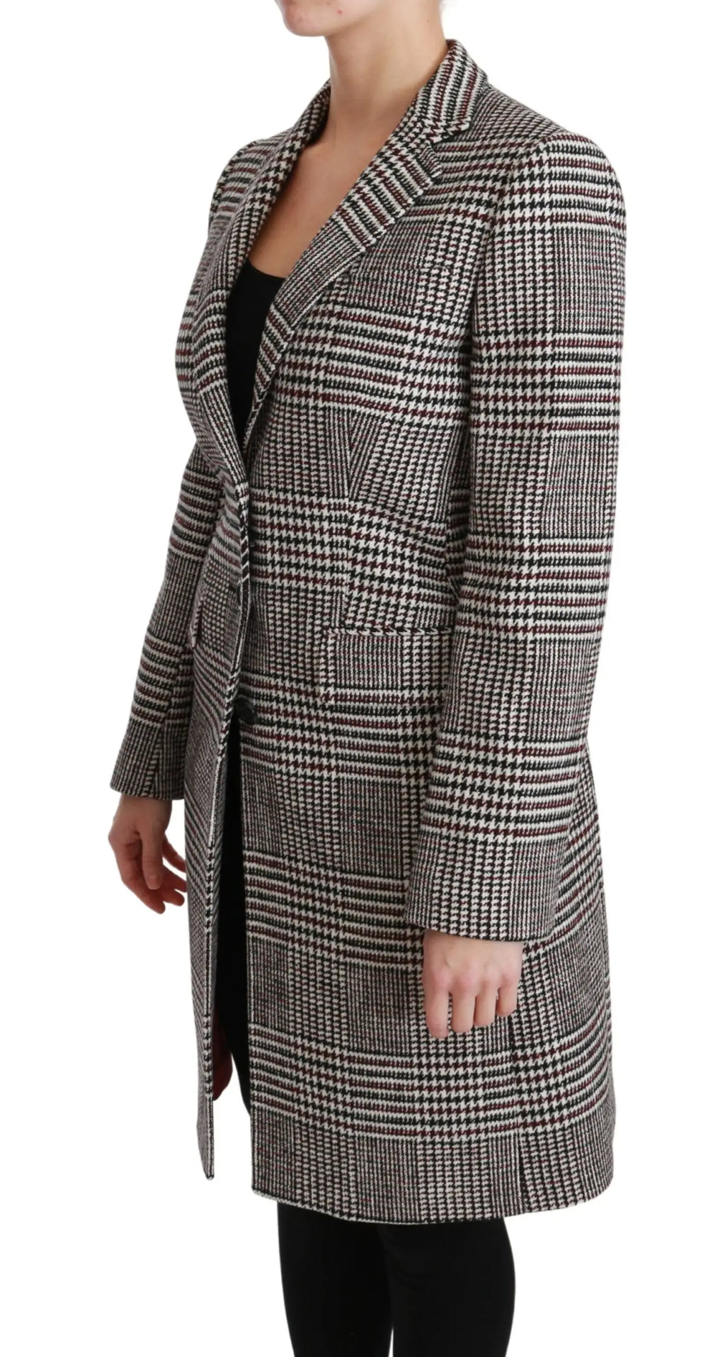 Manteau trench long au genou multicolore dolce gabbana en laine pied-de-poule noir et blanc avec col structuré et double boutonnage
