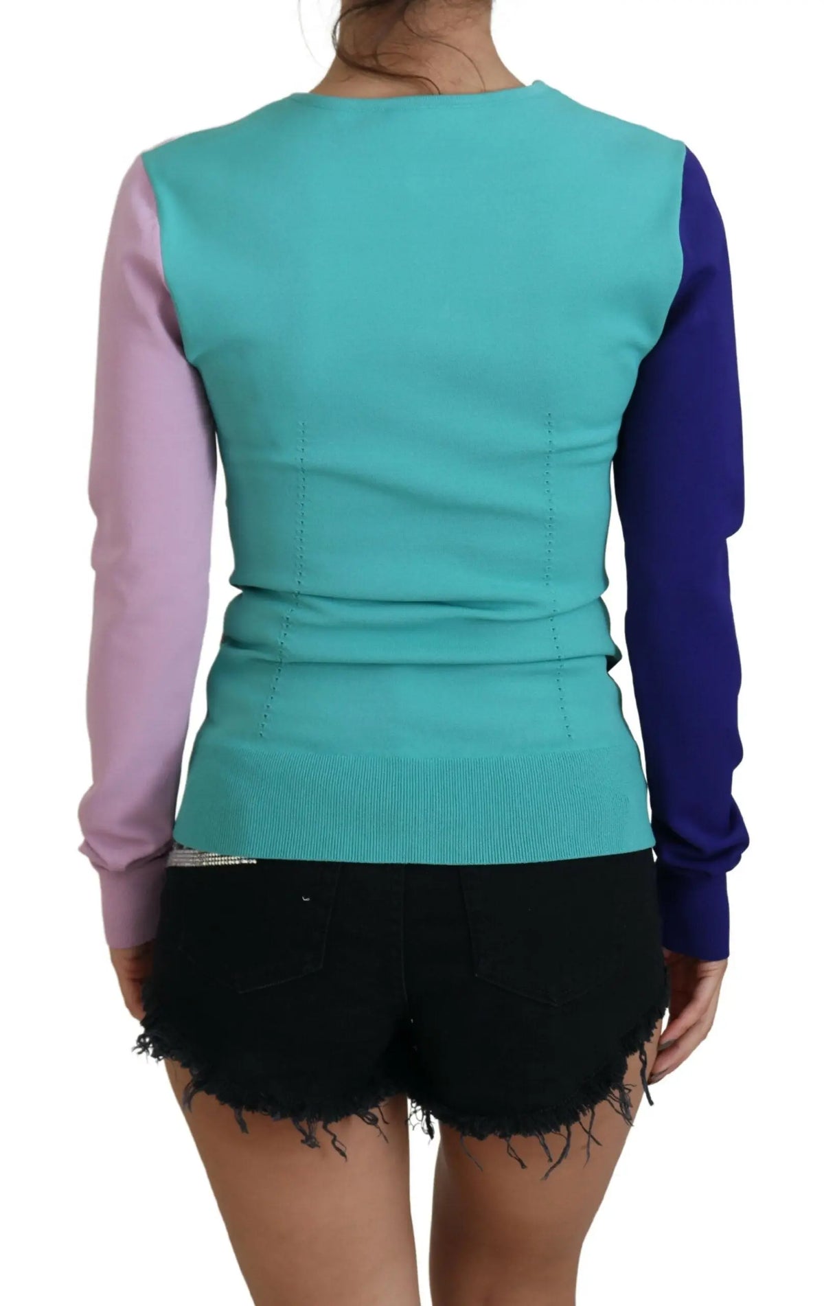 Dolce & gabbana pull en viscose multicolore à col en v manches longues avec corps teal manche gauche lavande et droite bleu royal