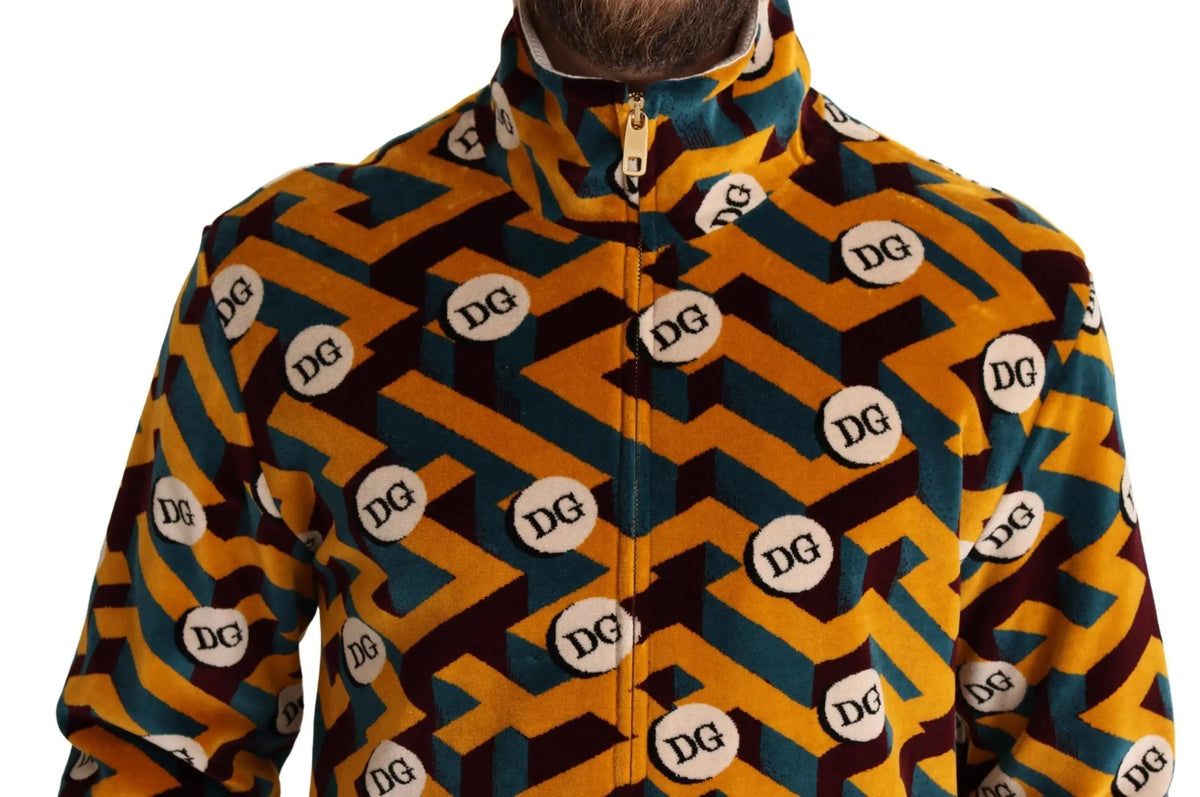 Veste dolce gabbana en velours pour homme orange et turquoise avec motif géométrique et logo dg blanc répétitif